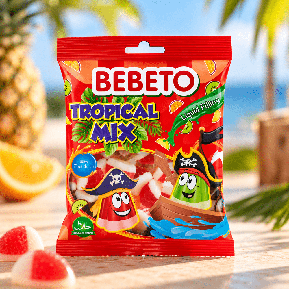 Bonbons Bebeto Tropical Mix fourrés au cœur liquide fruité