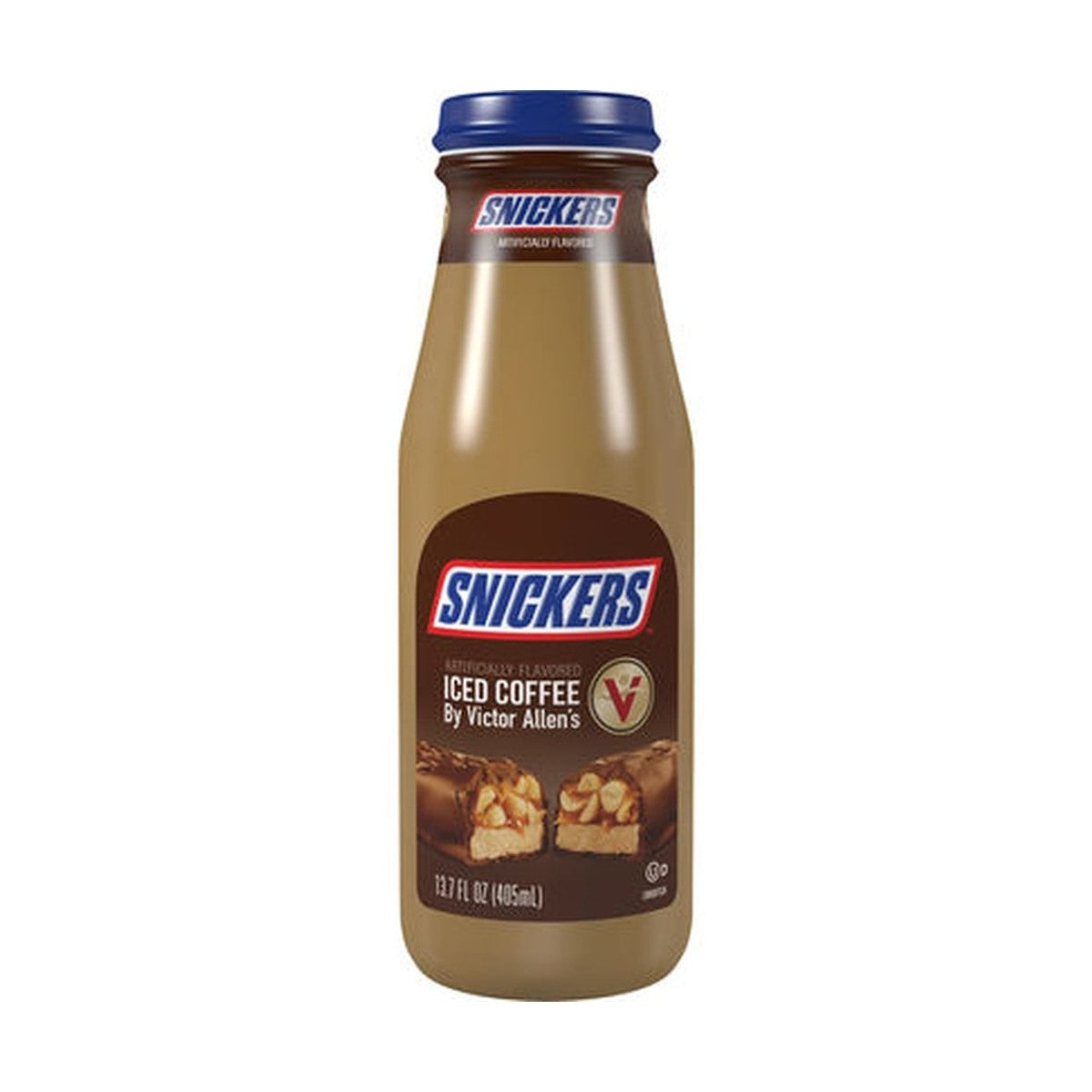Une bouteille brune sur fond blanc, un capuchon bleu et une étiquette marron avec un Snickers coupé en 2
