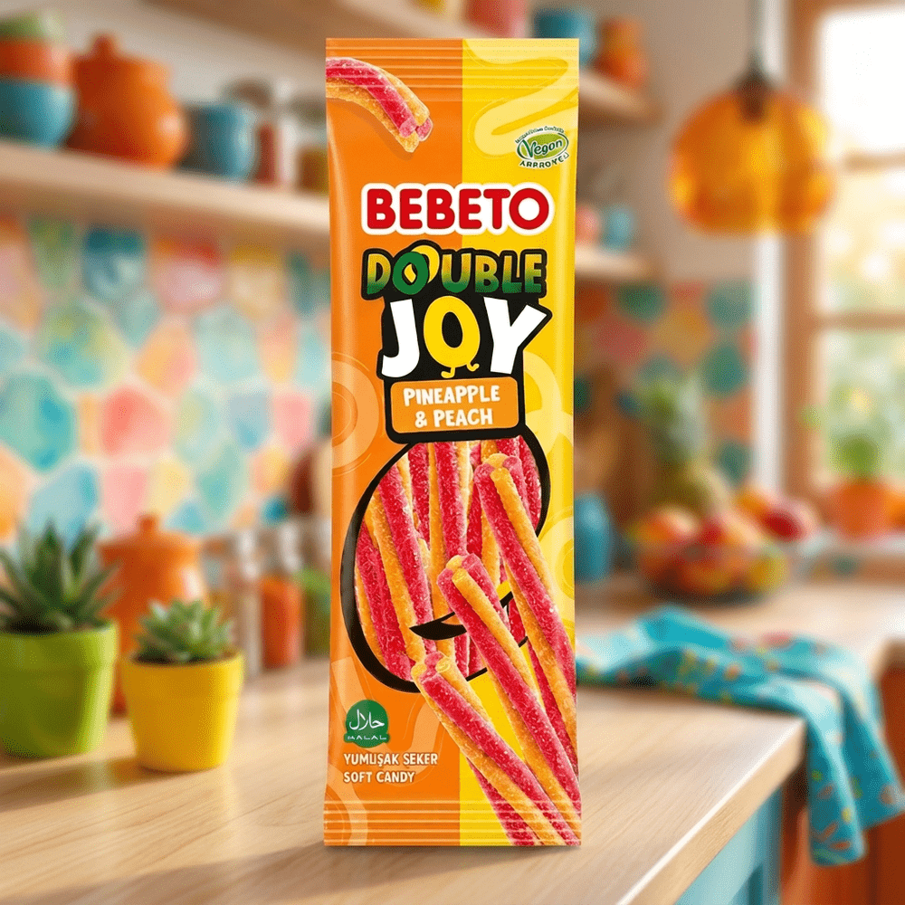 Bebeto Double Joy Pineapple & Peach, bonbons gélifiés torsadés ananas et pêche