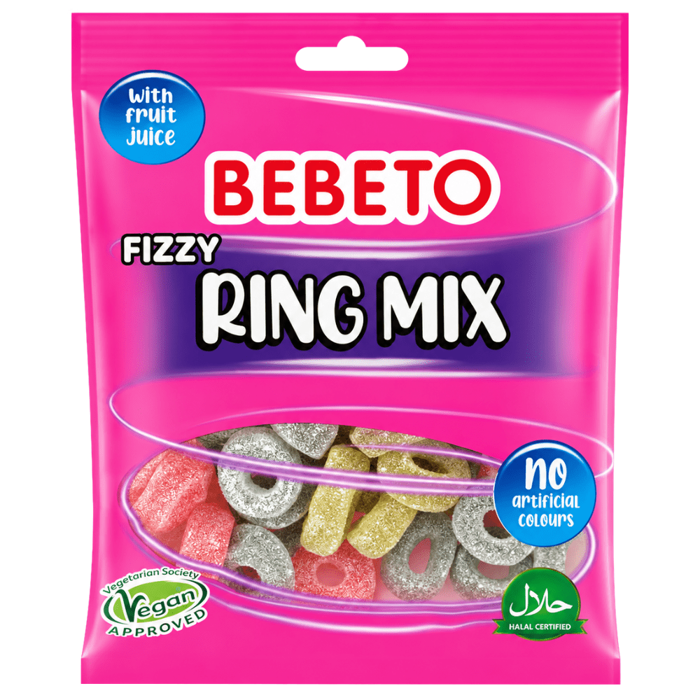Bebeto Fizzy Ring Mix, bonbons gélifiés bicolores en anneaux aux saveurs fruitées