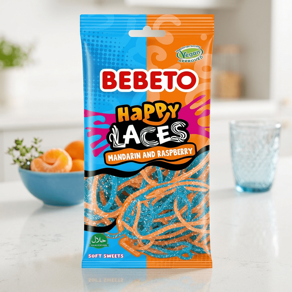 Bebeto Happy Laces Mandarin & Raspberry, bonbons en fils mandarine et framboise