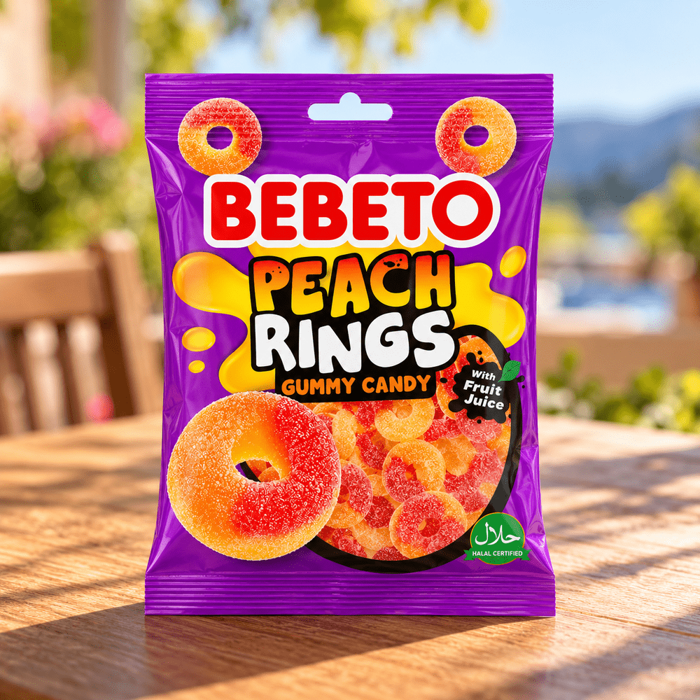 Bebeto Jelly Peach Rings, bonbons gélifiés en anneaux saveur pêche avec enrobage sucré