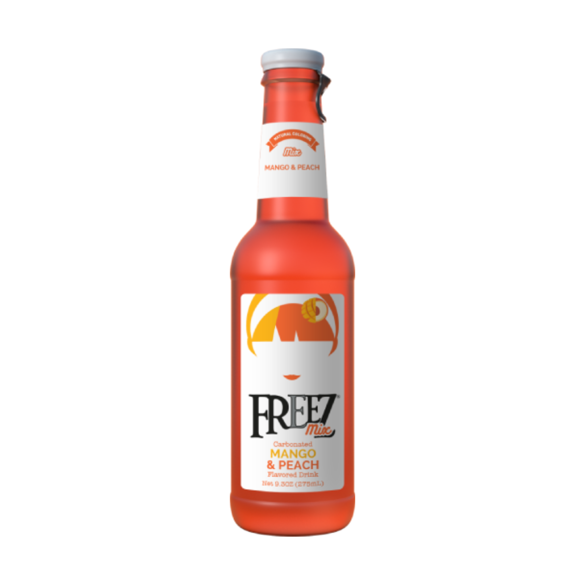 Bouteille de soda Freez Mix Mango & Peach 275 ml tenue à la main, entourée de mangues et de pêches fraîches.