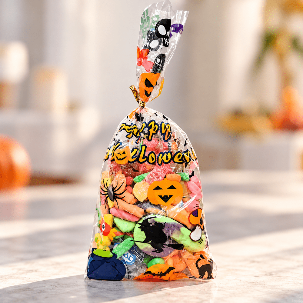 Mélange de confiseries Halloween dans un sachet décoré de citrouilles