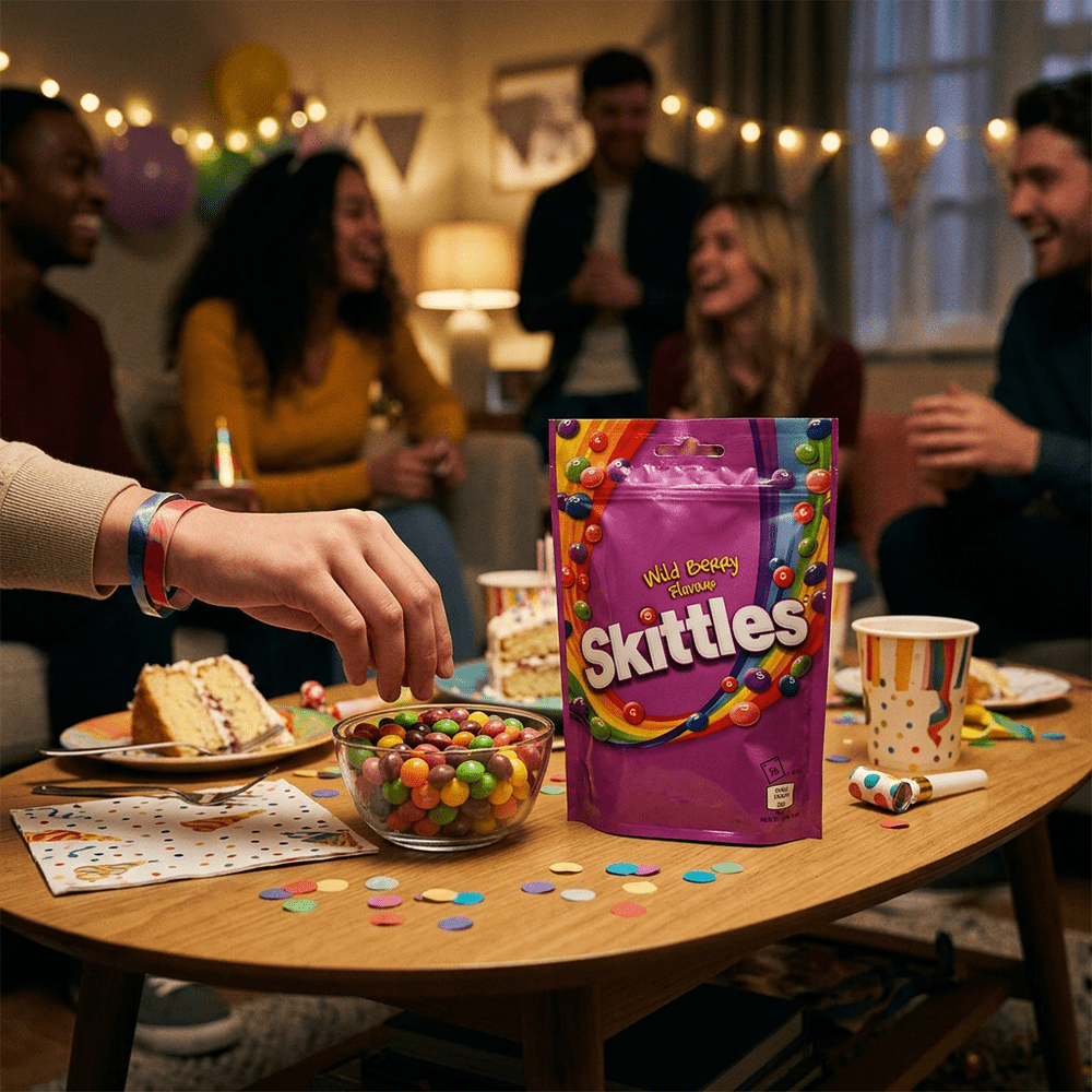 Le paquet de bonbons Skittles Pouch Bag Wild Berry est posé sur une table basse en bois d’un salon lors d’une soirée d’anniversaire, à côté du paquet se trouve un bol contenant des bonbons skittles de couleur, des parts de gâteaux, des confettis et des gobelets et serviettes d’anniversaire, en arrière plan des amis discutent et s’amusent – disponible sur My American Shop