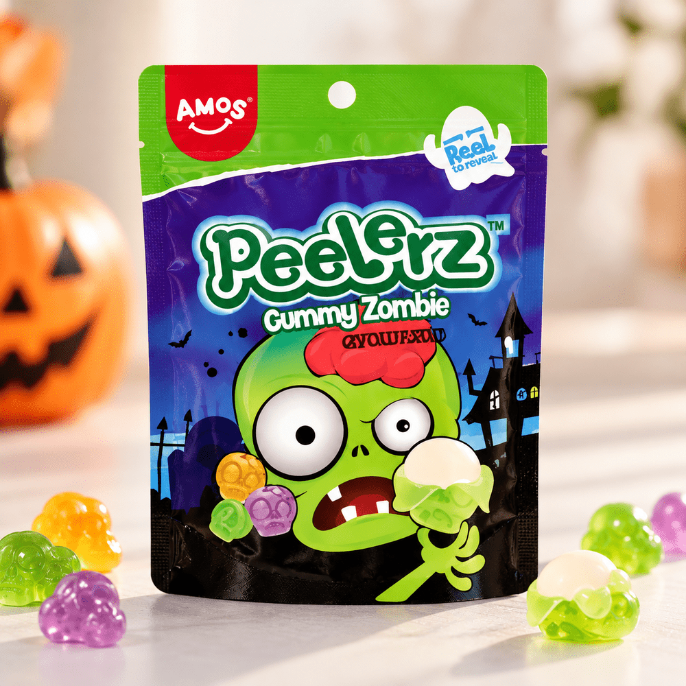 Bonbons Amos Peelerz en forme de zombies et de crânes colorés