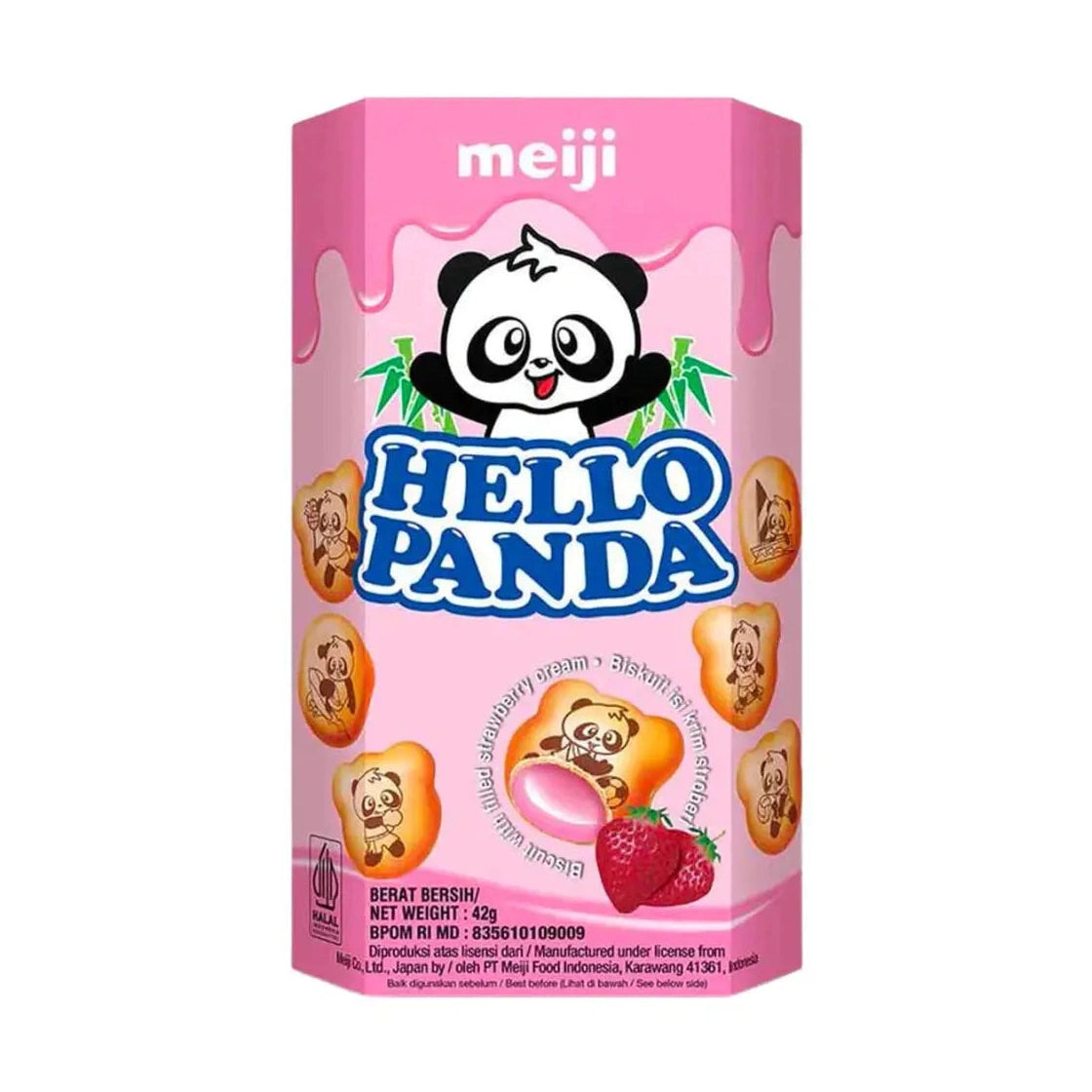 Un emballage rose, des petits biscuits avec des pandas dessinés dessus et il y a à l’intérieur un liquide rose et 2 fraises en bas à droite. Le tout sur fond blanc